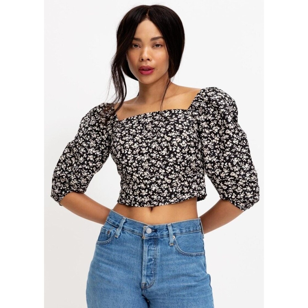Levis Womens Yvie Blouse S M L XL Black White Floral Print Smocked Crop Top New